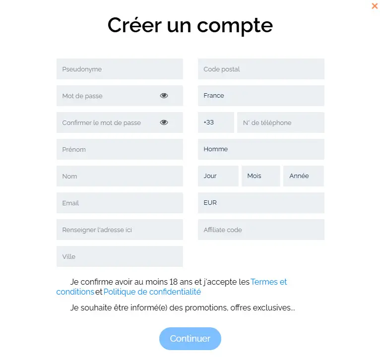 Processus d'inscription NEON 54 CASINO